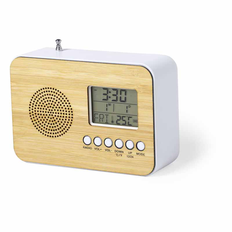 RADIOSVEGLIA CON FRONTALE IN BAMBOO cm 12,5x8,5x4,7