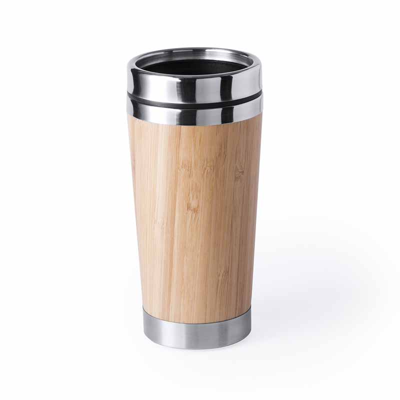 TAZZA IN ACCIAIO E BAMBU' CON COPERCHIO, 500ml, PARETE DOPPIA