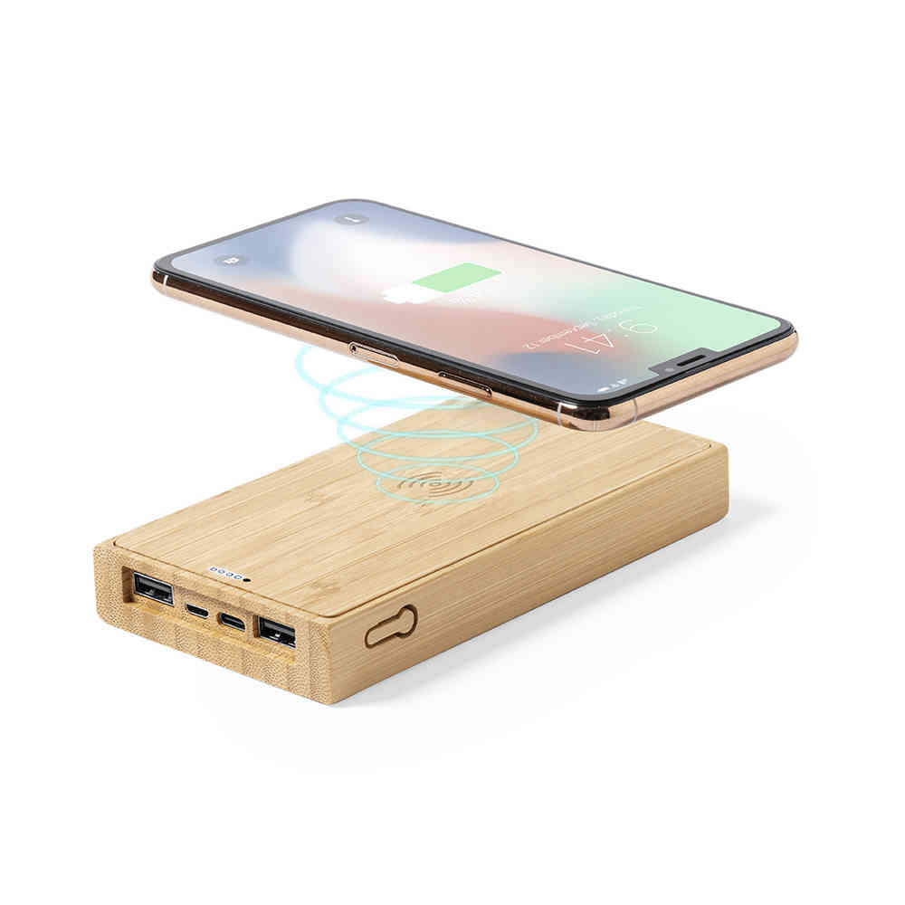 POWERBANK 10000 mAh CON CARICATORE WIRELESS IN BAMBOO cm 14,9x7,