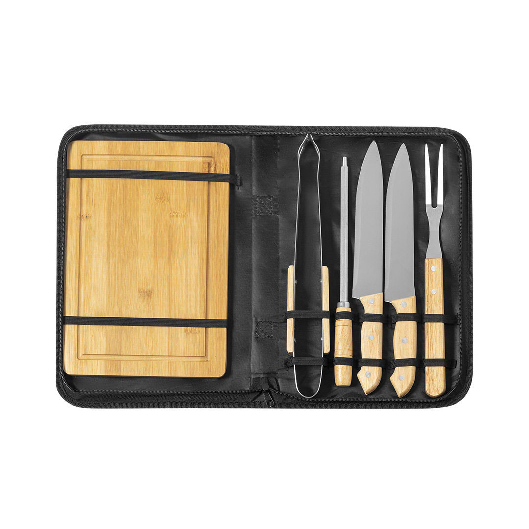 SET BARBECUE CON 5 ACCESSORI E TAGLIERE IN BAMBU' 36,8x24x4 cm