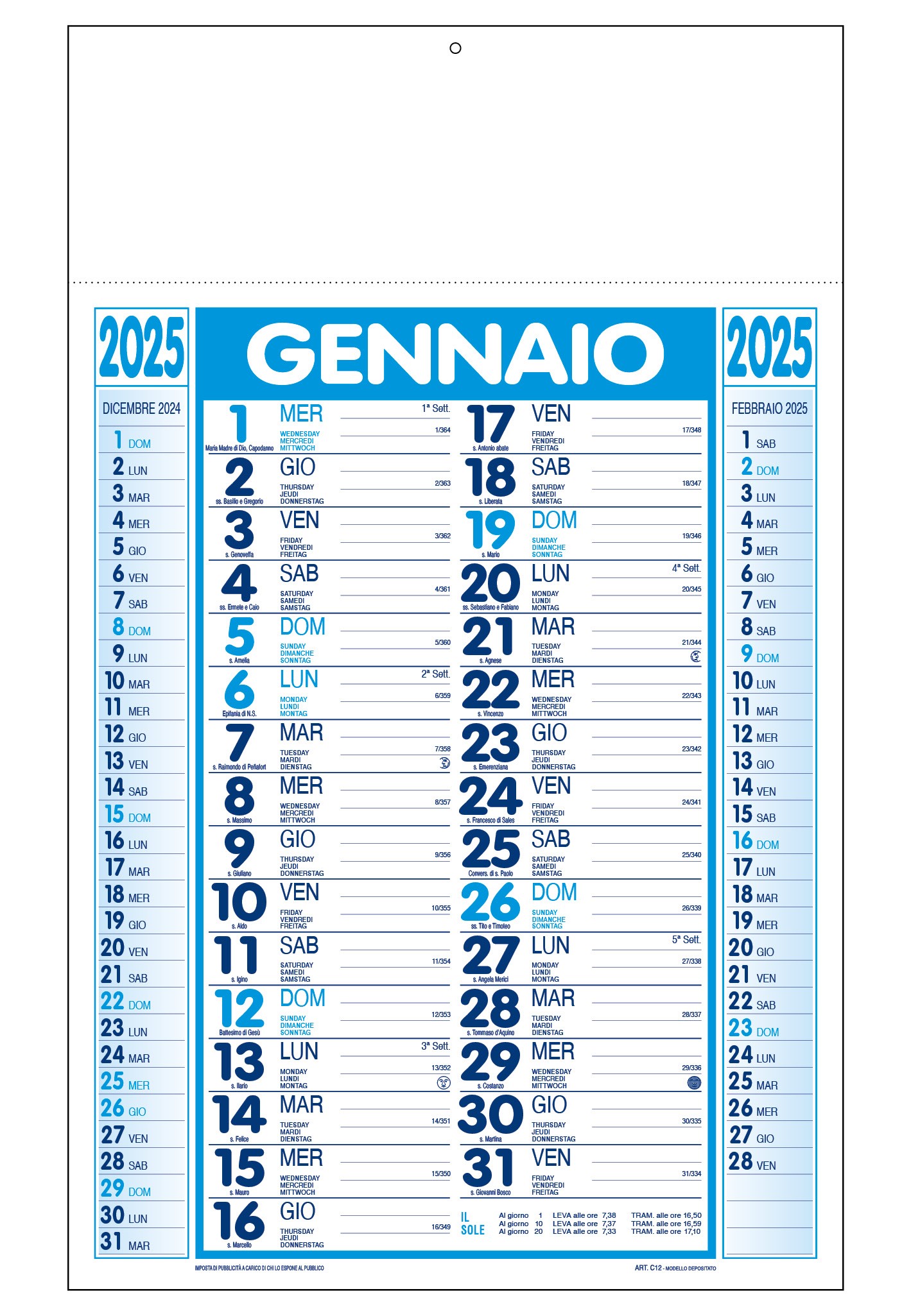 CALENDARIO OLANDESE 12 FOGLI 28,8x47 cm