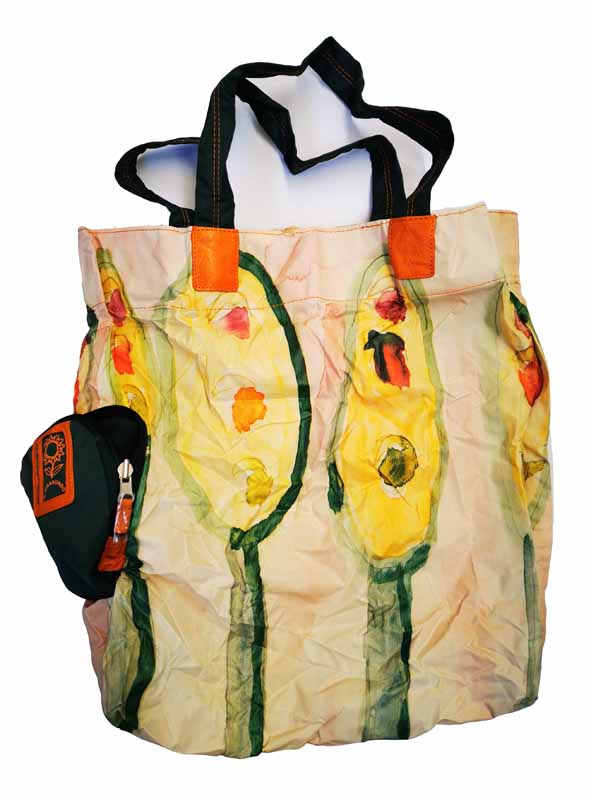 GIRASONDO SHOPPER PIEGHEVOLE IN PELLE E TESSUTO STAMPATO