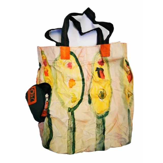 GIRASONDO SHOPPER PIEGHEVOLE IN PELLE E TESSUTO STAMPATO
